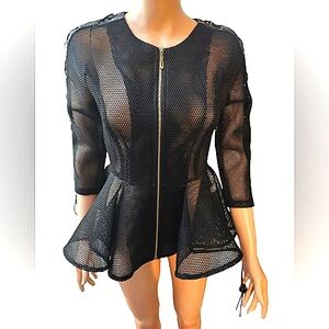 NWT Black, fishnet and faux leather peplum top, size S